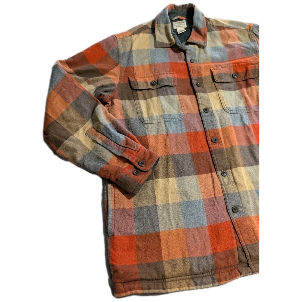 LL Bean Fleece Lined Flannel Shirt Jacket Mens M Plaid Chamois - Picture 7 of 7